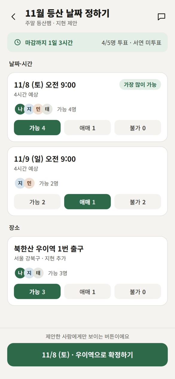 약속 날짜·장소 투표 화면